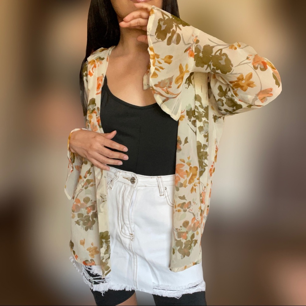 Sheer Floral Bell-Sleeve Blouse